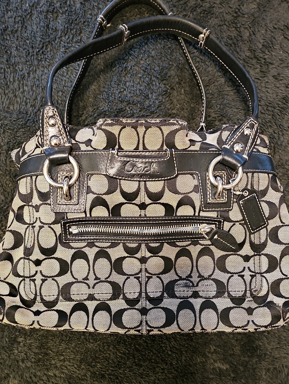 Coach Black and Beige Signature Jacquard Shoulder Bag